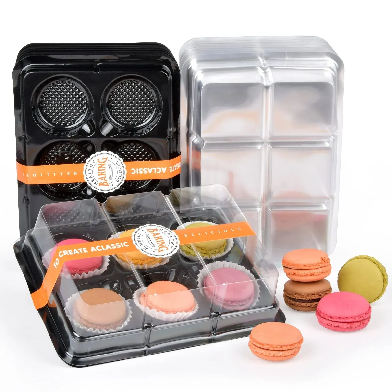 Macaron Box with Clear Display Window,50-Pack Black Base Gift Macaron Packaging Box Fits 6 Macarons,Dessert Carrier Boxes Great for Truffles Cake,Desserts,Cupcakes,Cookies,Muffins.7.87 x 5.5 x 1.77 "