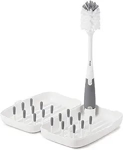 Ubbi On-The-Go Drying Rack and Brush Set, Includes Travel Case and Bottle Brush for Compact Storage, Holds Up to 8 Bottles, Baby Travel Accessories, Gray