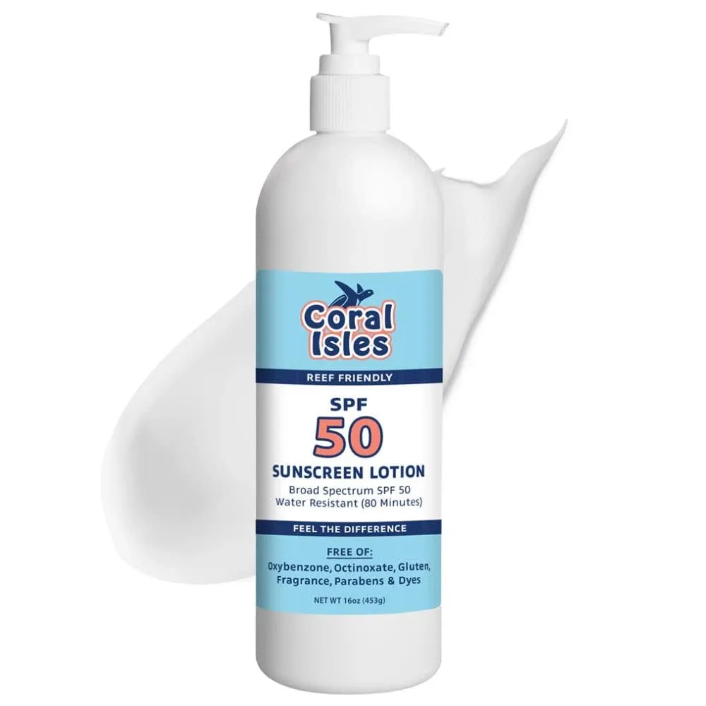 Sunscreen SPF 50 | Hawaii Compliant as Reef Safe | Octinoxate & Oxybenzone Free | Broad Spectrum UVA/UVB Protection | Water Resistant 80 Min. | Fragrance Free | 16 Fl Oz (Pack of 1))