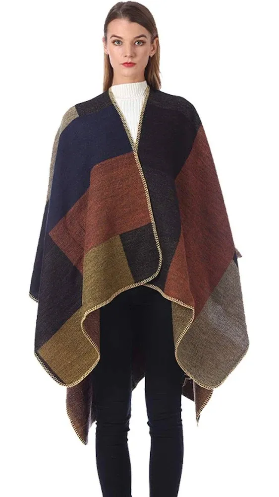 LittleMax Womens Ponchos and Wraps,Juniors Knit Open Front Boho Buffalo Cardigan Oversized Plaid Shawl Cape Sweater