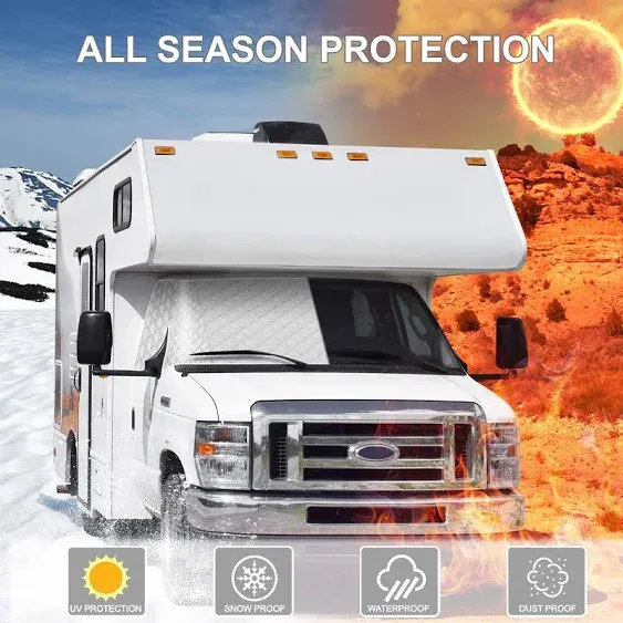 RV Windshield Cover Compatible with Class C Ford E450 1997-2024 RV Front Window Cover Motorhome Windshield Cover RV Window Sunshade Cover Snow Cover 4 Layers with Mirror Cutouts Silver