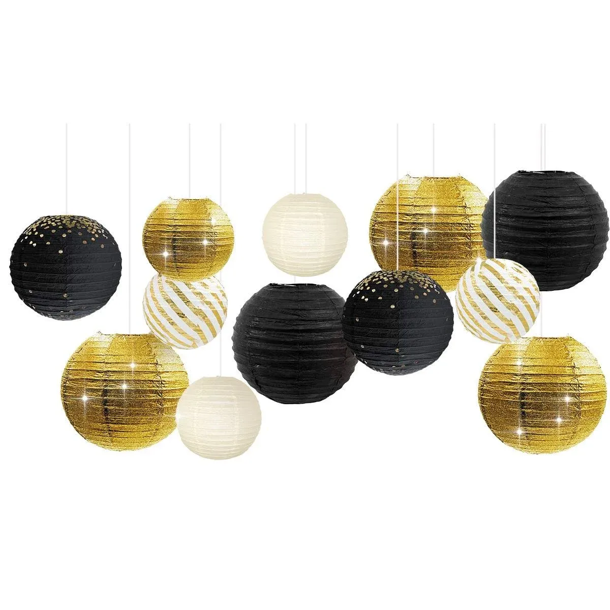 NICROLANDEE Black Gold Party Supplies - 12PCS Black and Gold Metallic Foil Paper Lanterns Decorative for Wedding, Graduation, Birthday, Baby Shower, Anniversary, Retirement Party, New Years Eve Party