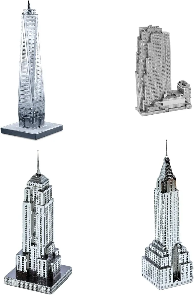 Set of 4 Metal Earth 3D Laser Cut Building Models: 30 Rockefeller Plaza, Empire State Building, Chrysler Building, & One World Trade Center