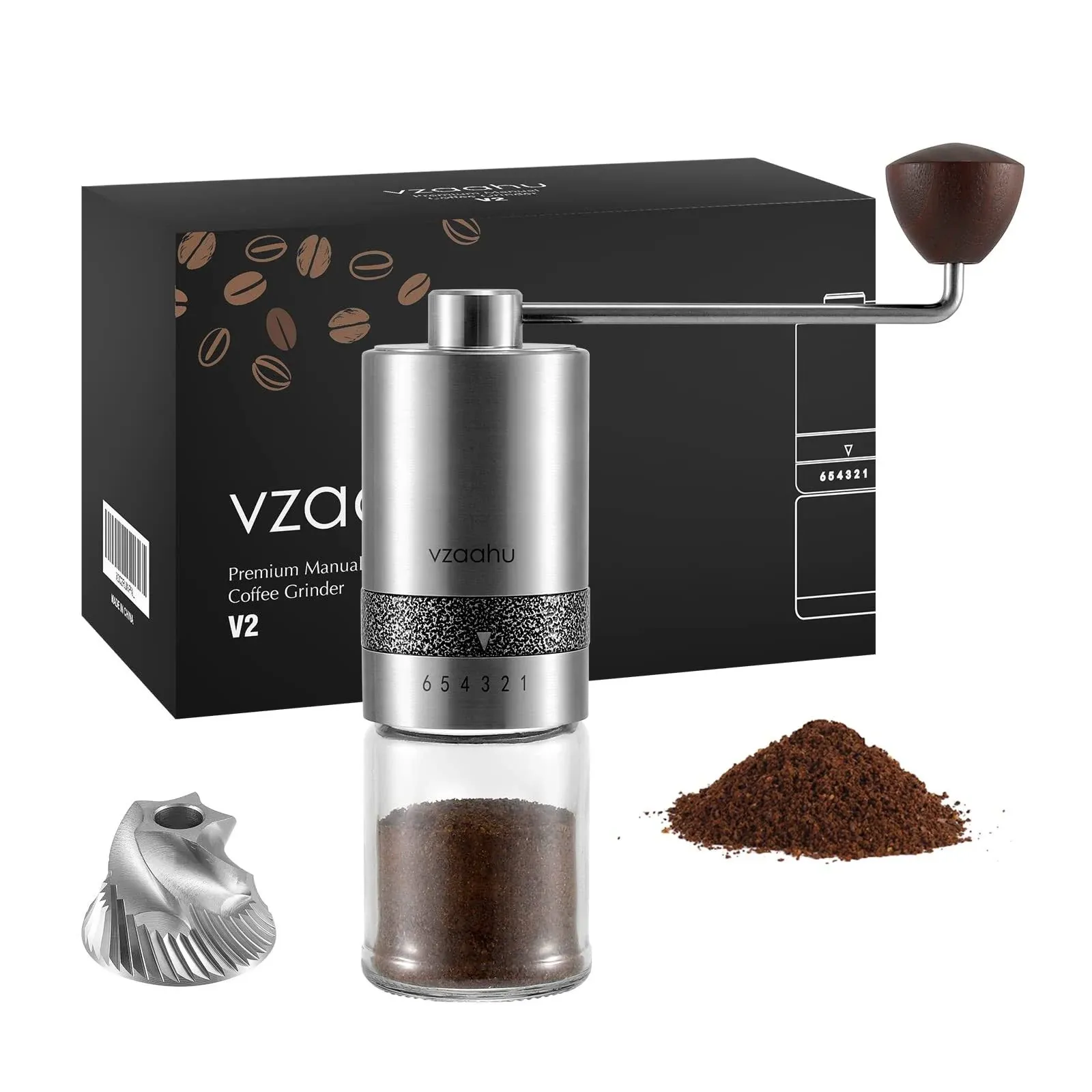 Vzaahu Manual Coffee Grinder with Lid Stainless Steel Fast Grind Conical Burr with Adjustable External Setting Coffee Lover Gift - Travel Portable Hand Grinder for Aeropress Espresso French Press