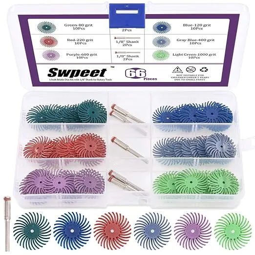 Swpeet 66Pcs 1 Inch 6 Mixed Grit Disc Abrasive Brush Gap Polish