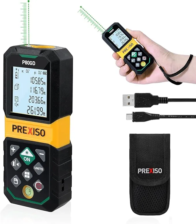 PREXISO Laser Measure Rechargeable, 265Ft Green Beam Laser Measurement Tool with Angle Sensor& 30 Sets Data Storage &1/4 inch-20 Threaded Hole - Ft/Ft