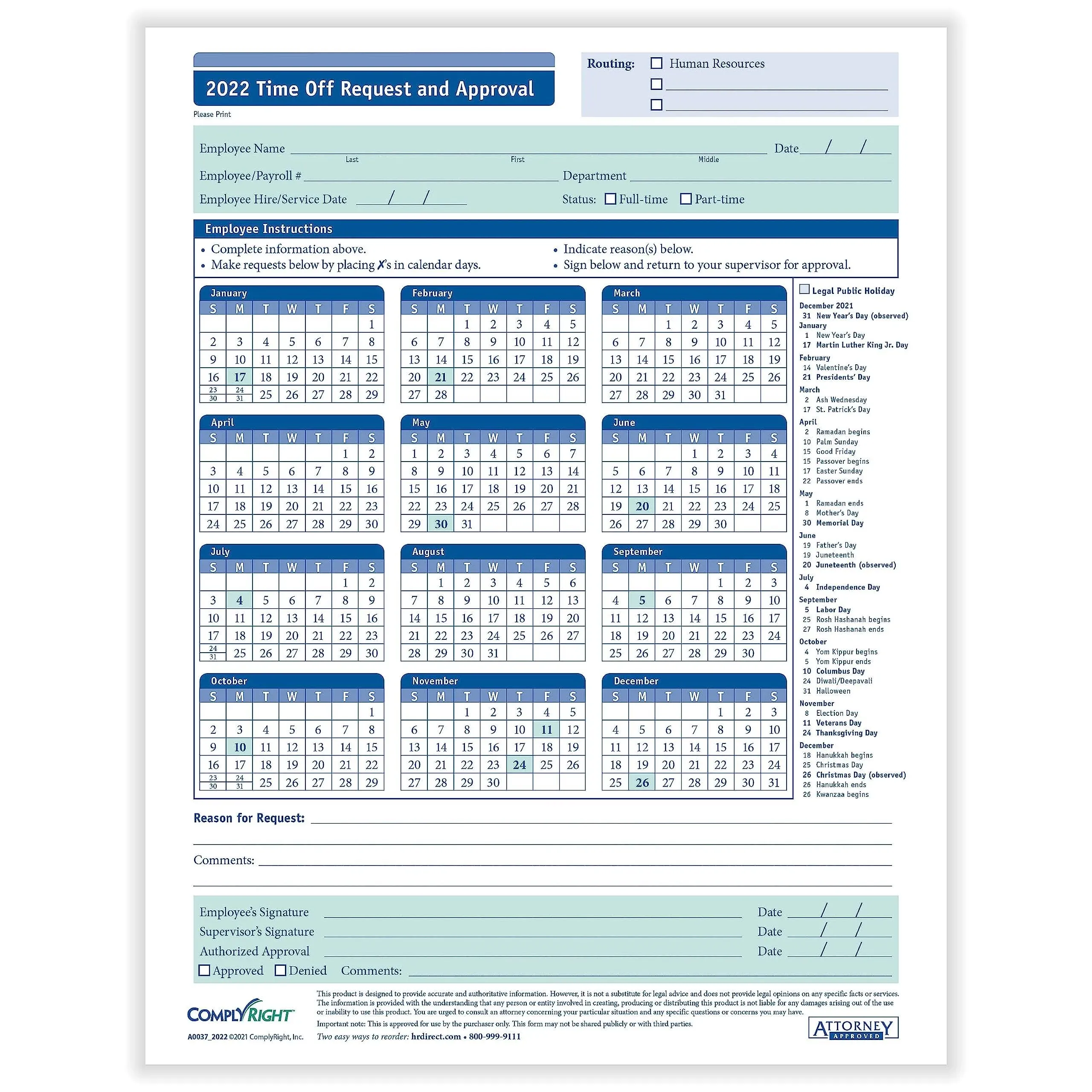 ComplyRight 2025 Time Off Request and Approval Calendar, 50 Forms/Pack (A0037)