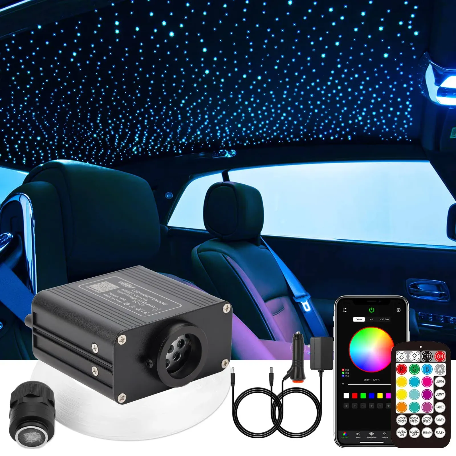 CHINLY Twinkle 550pcs 9.8ft 0.03in Fiber Optic Lights Star Headliner Kit, Music Mode Bluetooth App Control Remote, RGBW Star Roo