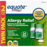 Equate Allergy Relief, Original Prescription Strength, 10 mg, Tablets, Twin Pack - 2 - 90 tablets bottles [180 tablets]