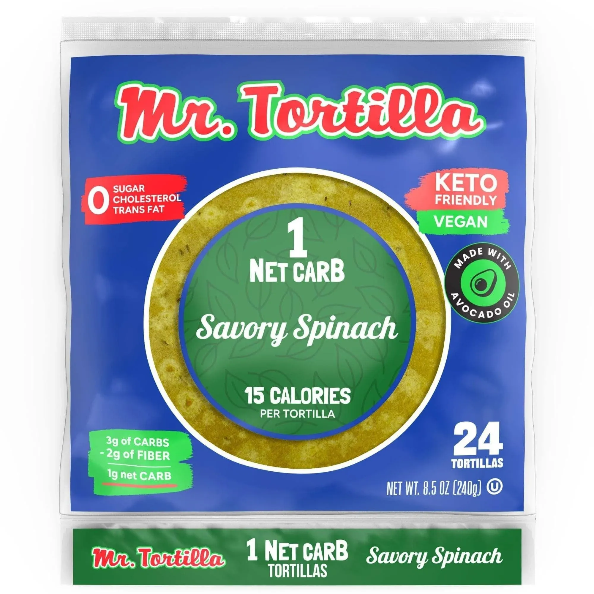 Mr Tortilla 1 Net Carb Tortilla, 24 Tortillas / Savory Spinach