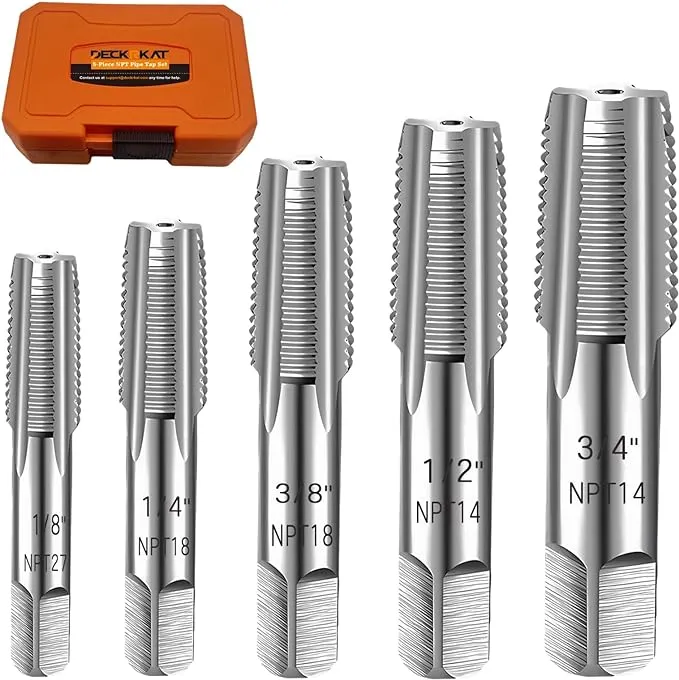 5-Piece NPT Pipe Tap Set, Precision Carbon Steel NPT Tap Set for Clean Accurate Threads, 3/4", 1/2", 3/8", 1/4", 1/8" NPT Tap, Perfect for Plumbers Mechanics DIYers, with Durable Plastic Case