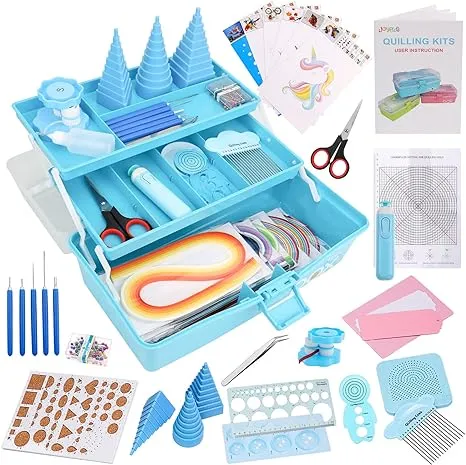 JoyPlus Quilling Kits for Beginners with Manual, 24 Quilling Supplies with Durable Quilling Storage, Updated Paper Crimper Tool, Premium Quilling Husking Board & Electronic Quilling Pen Blue