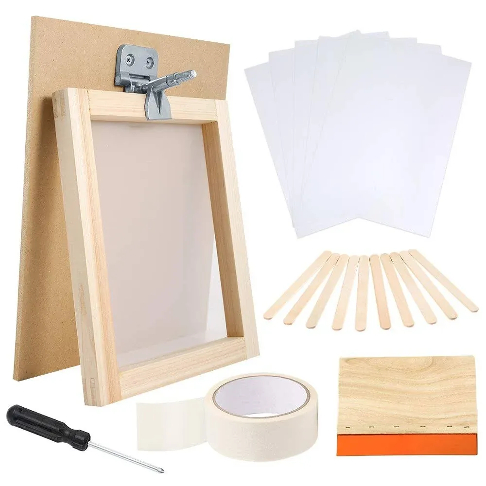 Caydo 27 Pieces Screen Printing Starter Kit Include 8 x 10 inch Silk Screen Printing Frame with 110 White Mesh, Screen Frame Butterfly Hinge Clamp