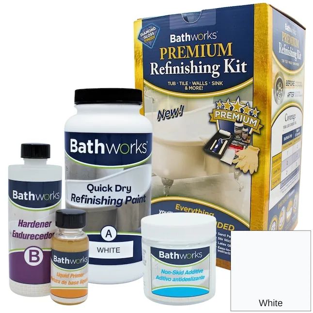 Bathworks DIY Quick Dry White Bathtub & Tile Refinishing Kit w/Non-Slip Protection; 22 oz; Fast 12 Hour Dry time; Tub; Tile; Wall Surround; Sink; High Gloss Resin Finish (White)