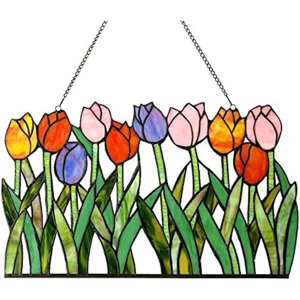 RADIANCE goods Tiffany-glass Tulips Window Panel 18&#034; Wide