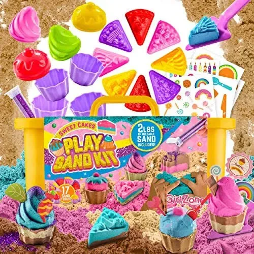 GirlZone Sweet Cakes Moldable Sensory Sand Kit - 2lbs Sand and 17 Sandbox Tools for Toddlers Age 3-5