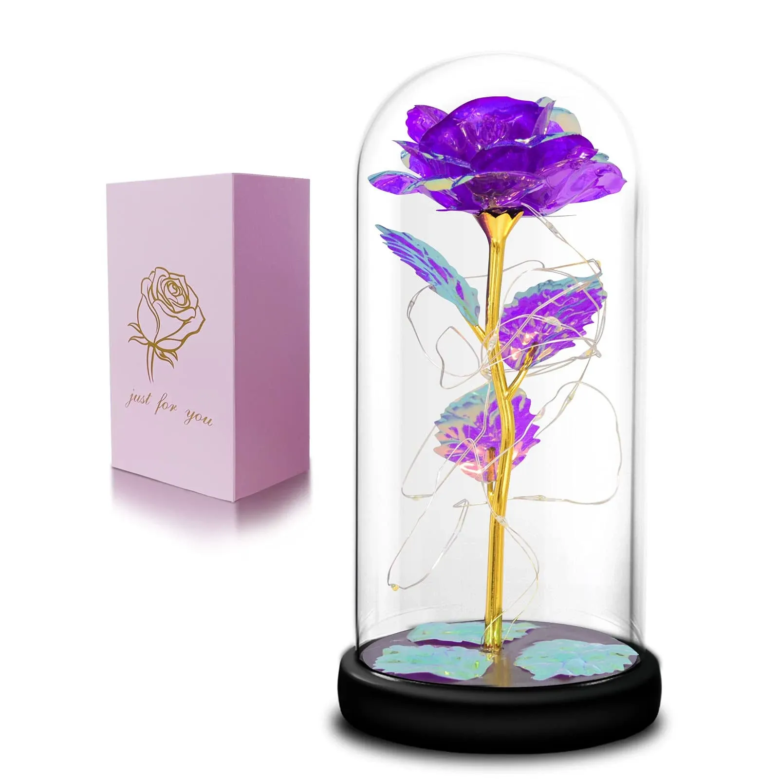 QUELIEN Birthday Gifts for Women,White Roses in Glass Dome with LED White 