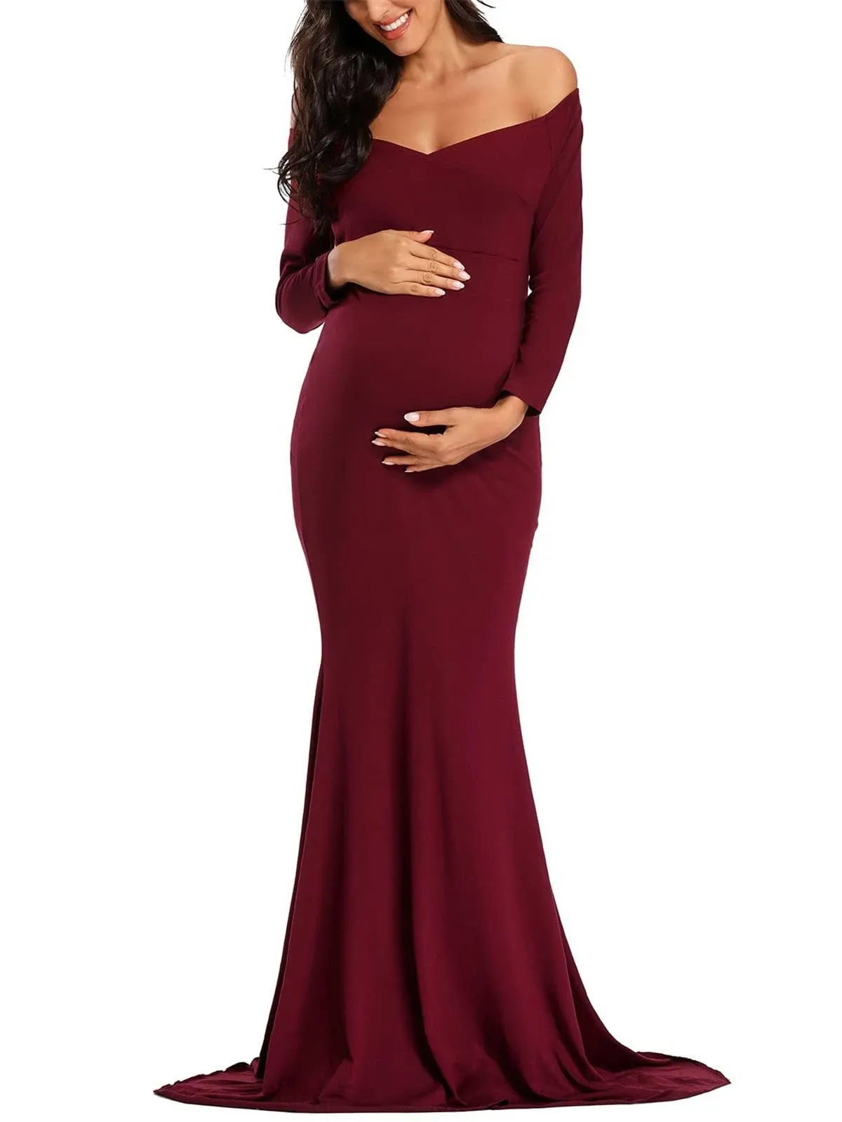 Ecavus Womens Off Shoulder Maternity Dress Slim Cross-Front V Neck Long Sleeve