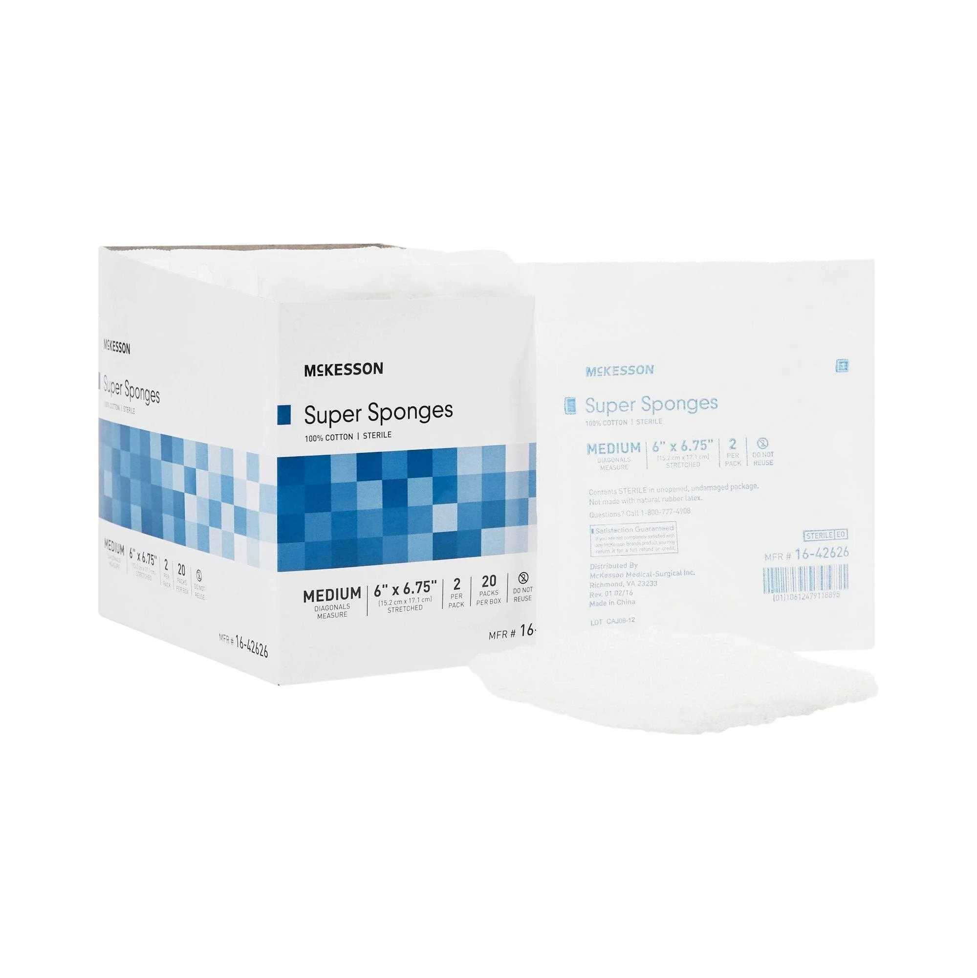 McKesson Super Sponges, Sterile, 100% Cotton, Fluff Dressing, 6 in x 6 3/4 in, 2 per Pack, 20 Packs, 40 Total