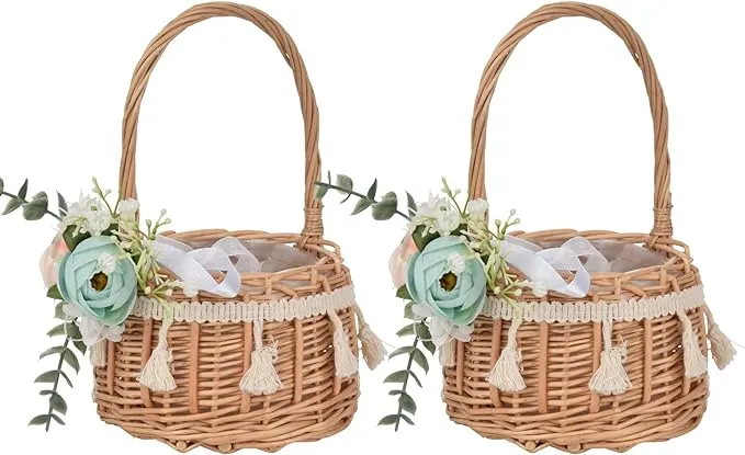 2Pack Flower Girl Baskets,Flowers Bouquet Silk Petals White Ribbon for Wedding,Woven Storage Basket with Handle,Rustic Decorative Flower Basket,Green (45P31XGN0V7L1501W)