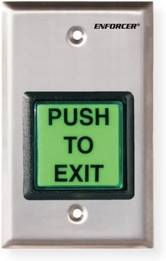 Seco-Larm SD-7202GC-PEQ ENFORCER LED Illuminated RTE Single-gang Wall Plate with Large Green Button, Large Illuminated Push Button with Caption "PUSH TO EXIT", Pushbutton Rated 10A at 125 to 250VAC