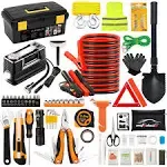 Autodeco 98 Pcs Roadside Car Emergency Assistance Kit with Portable Air Compressor Jumper Cables Safety Hammer All in One Pliers Tool Set