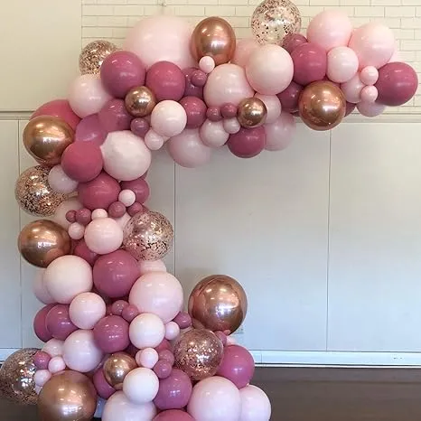 Pink Balloons Garland 135 Pcs 18 In 12 In 5 In, Dust Rose Gold Metallic Confetti Latex Balloons Arch Kit for Baby Shower Decorations