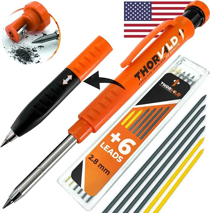 THORVALD New 2-in-1 Carpenter Pencils with Finger Grip for Carpenter (Incl. 7 Leads + Sharpener) Solid Mechanical Pencils with Fine Point/Best Marking tools Construction/Carpenters/Scriber