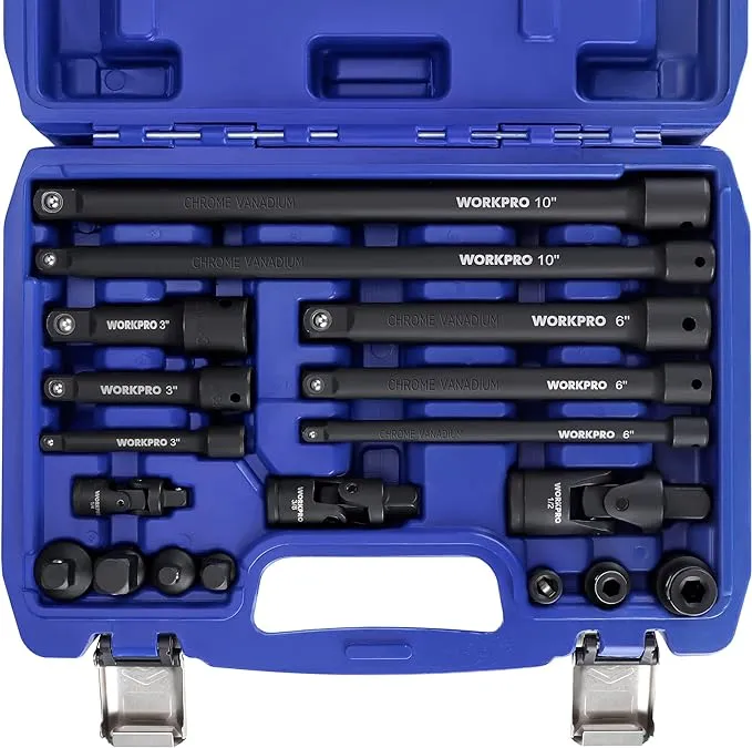 WORKPRO 18-Pieces Drive Tool Accessory Set, Includes Socket Adapters, Socket Extension Bar, Swivel Universal Joints and Impact Coupler, Socket Accessories, 1/4", 3/8" & 1/2" Drive