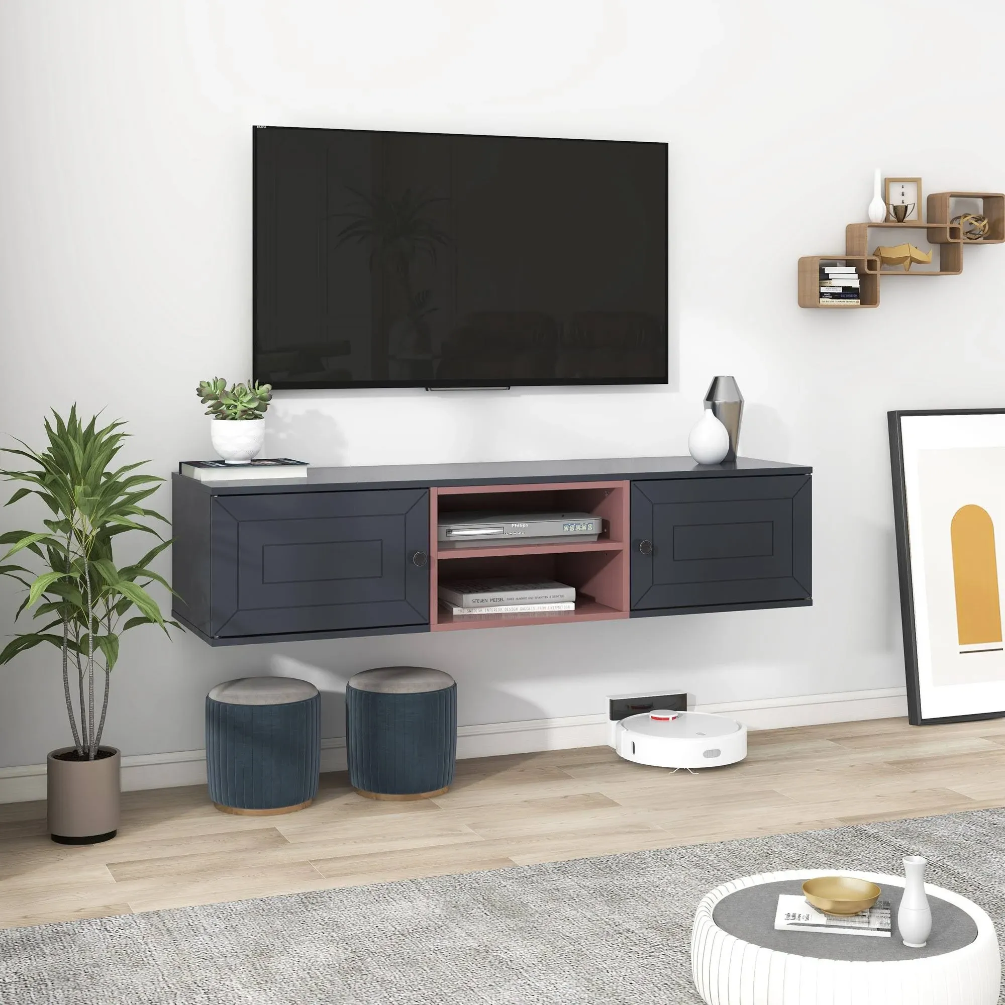 Floating TV Stand Wall Mounted for TVs Up to 65&#034; with 2 Cabinet&amp;Adjust<wbr/>able Shelf