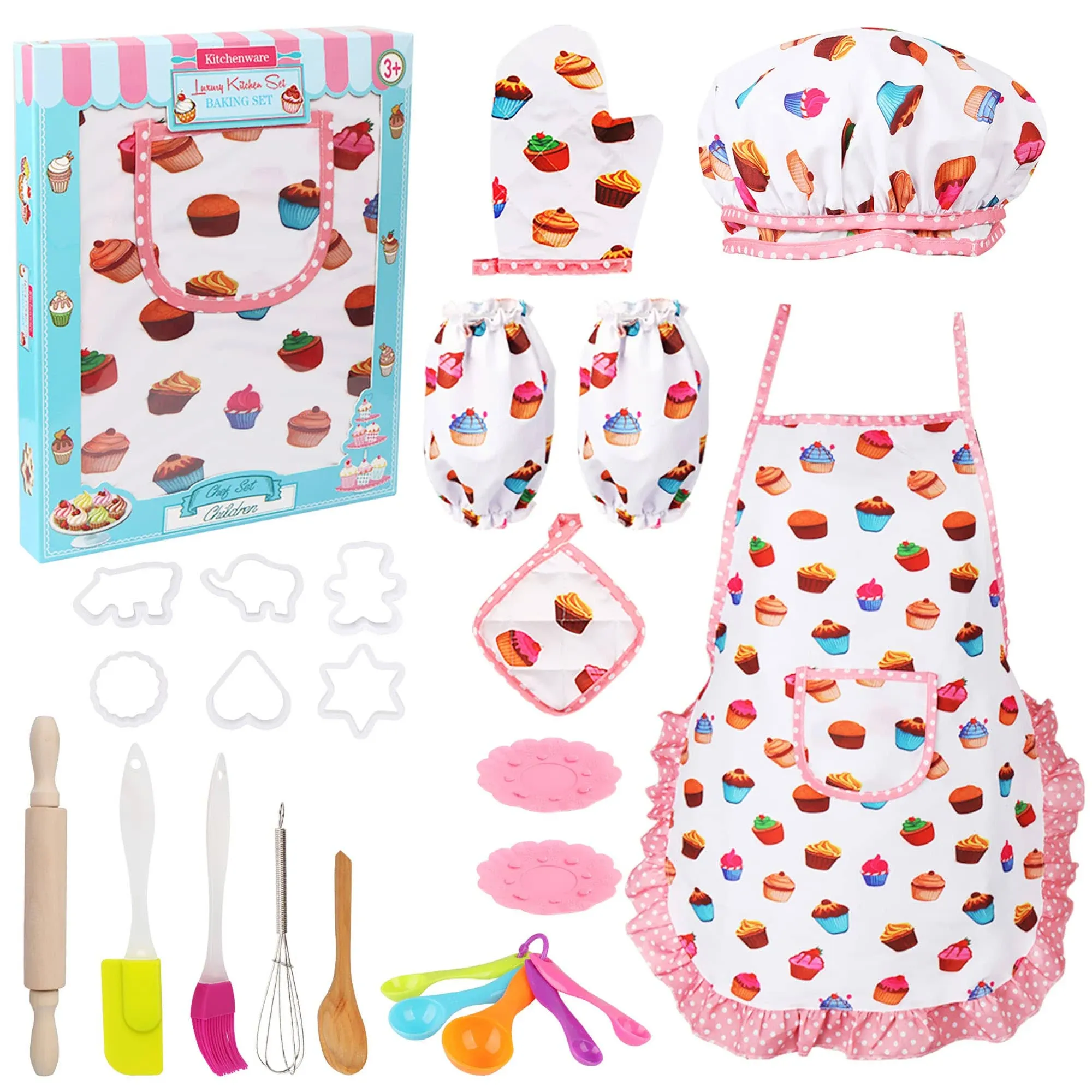 Cute Cooking and Baking Sets, 24 Pcs Aprons for Girls Chef Hat Apron Dress Up...