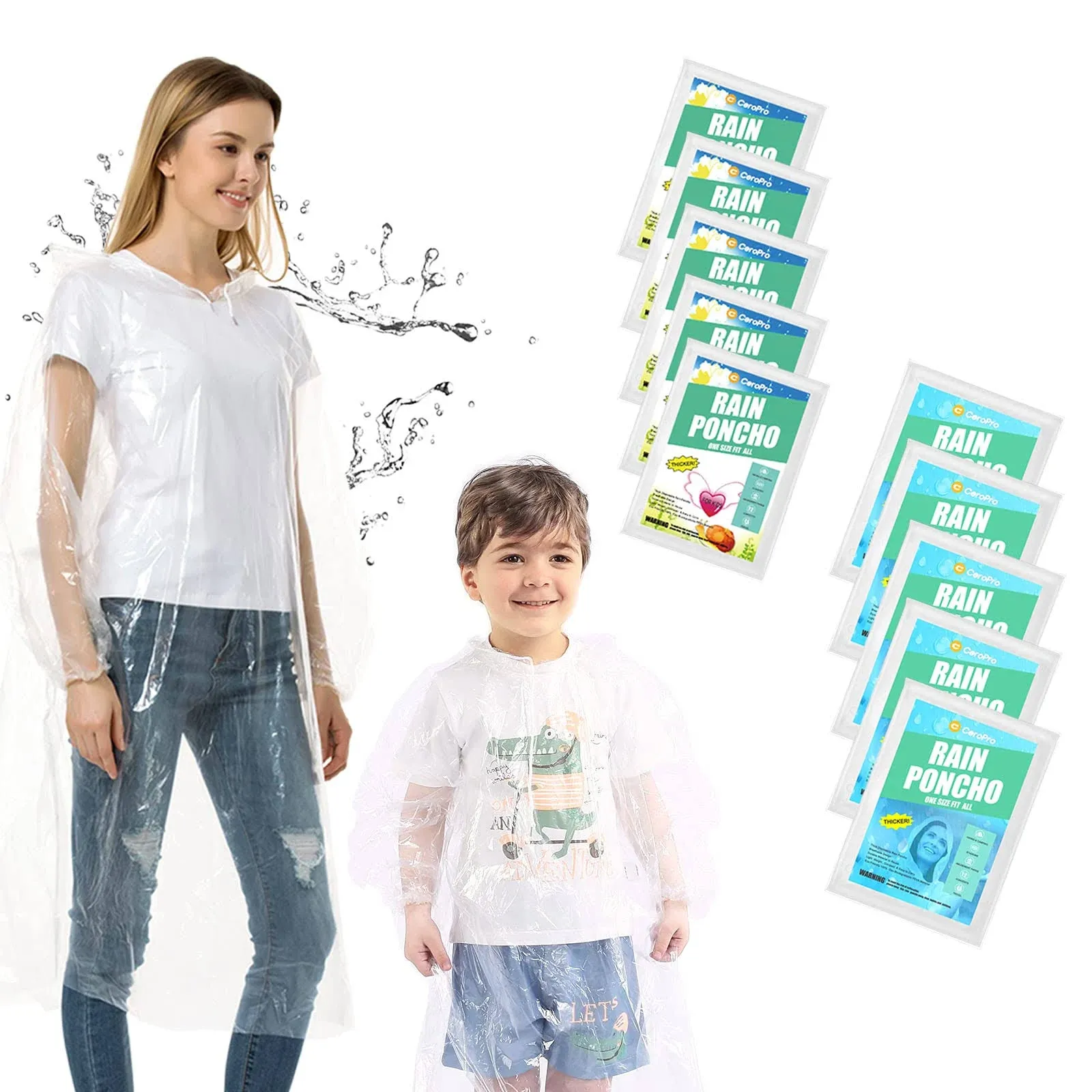 CeroPro Disposable Rain Poncho Family Pack