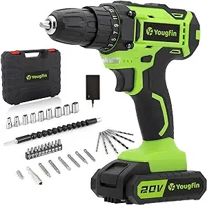 Yougfin Drill Set, 20V Cordless Drill with Battery and Charger, 3/8" Keyless Chuck, Variable Speed Power Drill, 25+1 Position Clutch, 34pcs Accessories Electric Drill Power Tool for Home Improvement