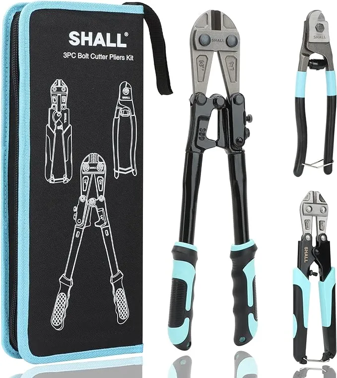 SHALL 3-Piece Bolt Cutters, 14" Heavy Duty Bolt Cutter, 8" Mini Bolt Cutter, 8" Wire Rope Cutter, Ergonomic Handle, More Efficient Leverage for Cutting Locks, Chains, Iron Wire, Carrying Case Included