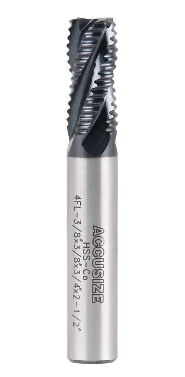 Accusize Industrial Tools Standard Tooth M42 8% Cobalt TiAlN Roughing End Mill, 3/8" Diameter, 3/8" Shank Diameter, 3/4" Flute Length, 1102-0038