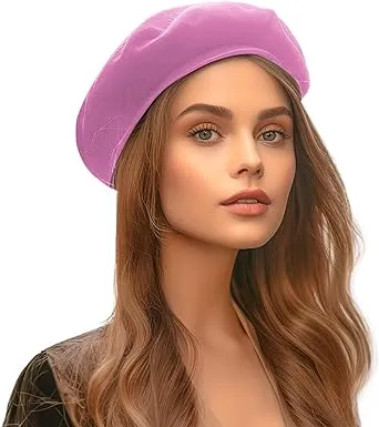 Jeicy Wool Beret Hat Solid Color French Beret with Skily Scarf and Brooch Black