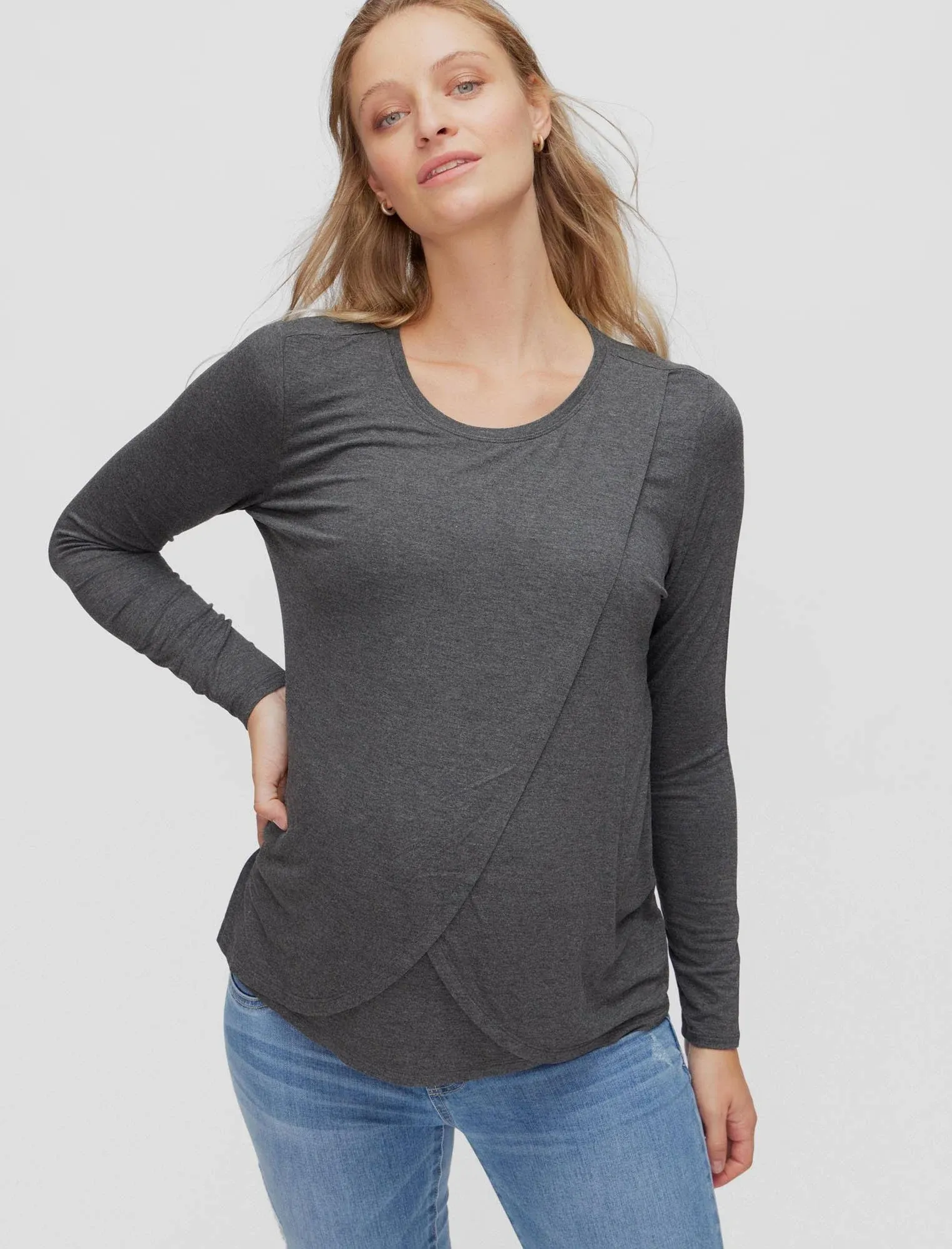 Pull Over Long Sleeve Nursing Tee - Grey, Xs | Motherhood Maternity