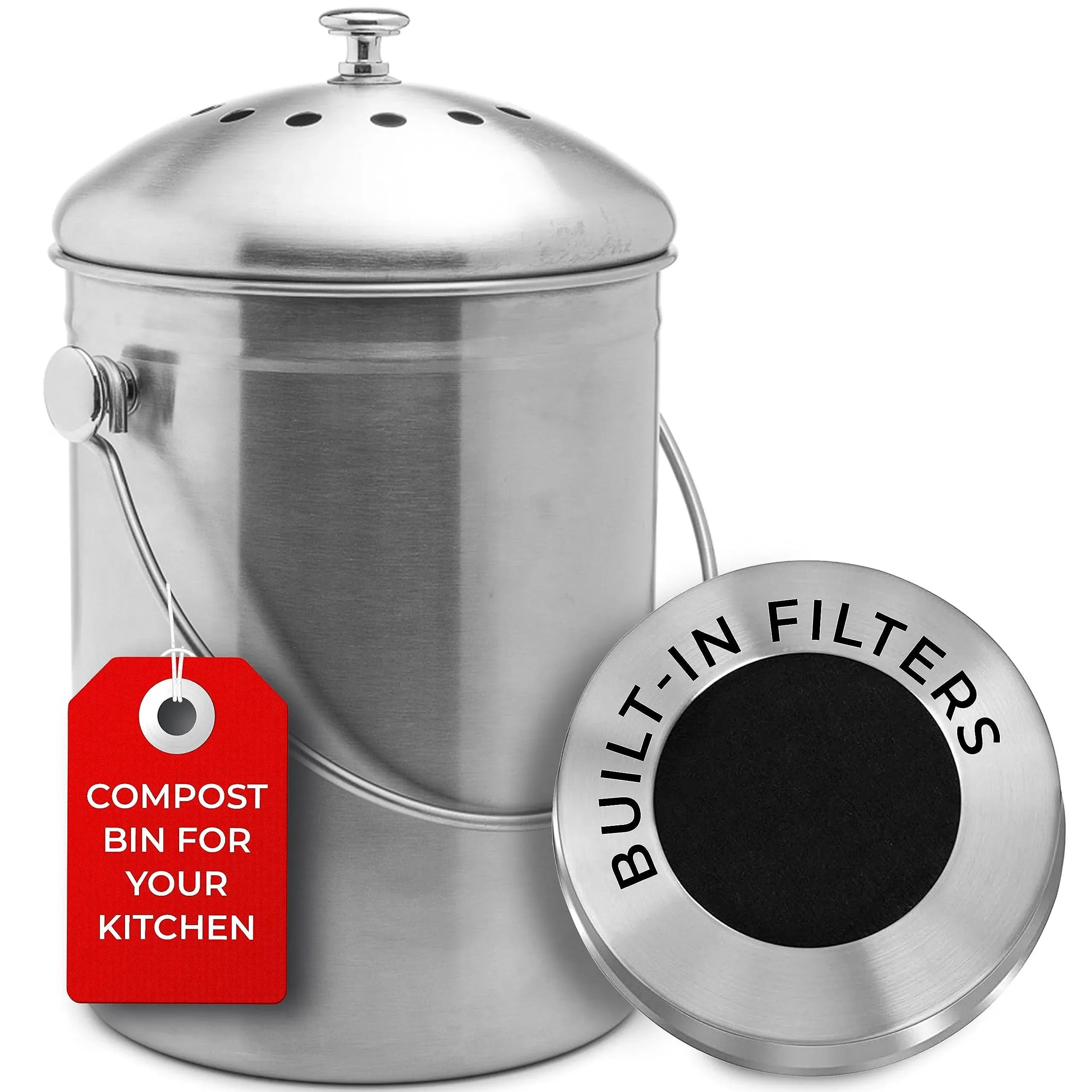 Epica Stainless Steel Compost Bin 1.3 Gallon-Includes Charcoal Filter