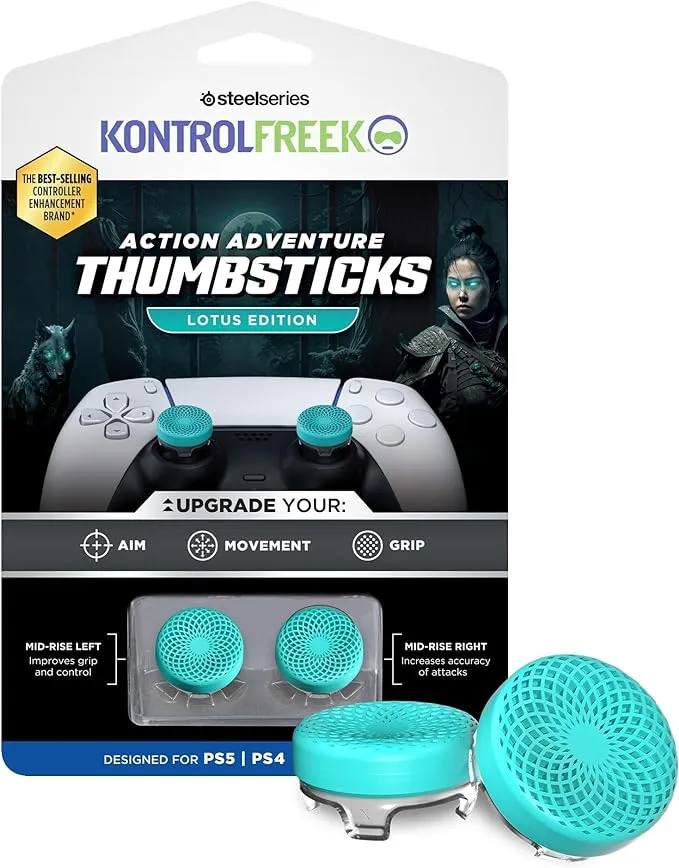 KontrolFreek Lotus for PlayStation 5 (PS5) and PlayStation 4 (PS4) | Performance Thumbsticks | 2 Mid-Rise Concave | Teal/Clear