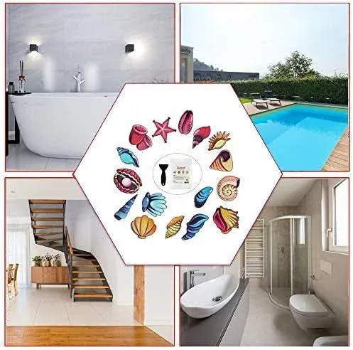 Non Slip Bathtub Stickers, 16 PCS Adhesive Kids Sea Shell Anti Slip Decal Threads for Shower and Bath Tub with Premium Scraper