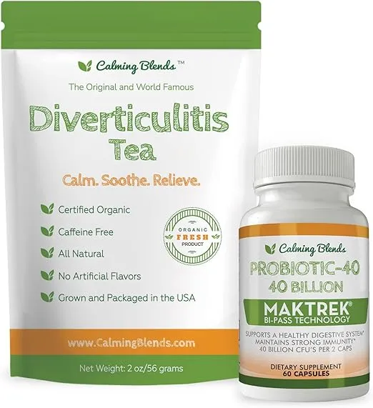 Diverticulitis Tea and Probiotic (40 Billion CFU per Serving, 60 Capsules) Supports Digestive Health
