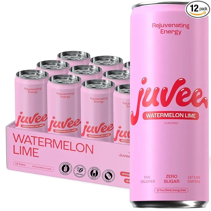 Juvee Rejuvenating Energy Drink. Watermelon Lime. Sugar Free Energy Drinks. Taurine, Vitamin B12, Vitamin B6. 128 Mg Of Caffeine. L-Theanine For Mood Support. Panax Ginseng For Focus. Vitamin C For Immune Support. Gluten Free 12 fl oz (Pack of 12)