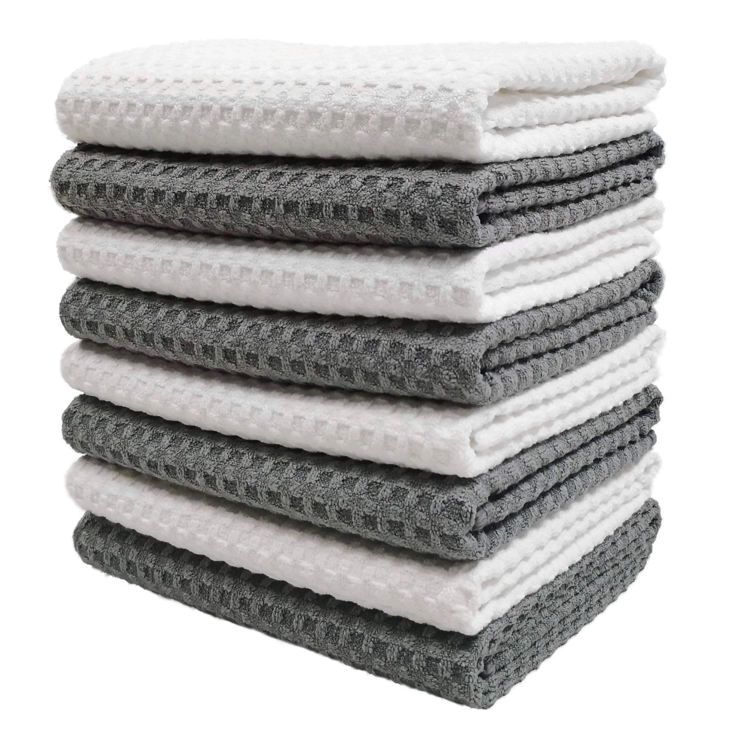 POLYTE Ultra Premium Microfiber Kitchen Dish Hand Towel Waffle Weave, 8 Pack (16x28 in, Gray, White)