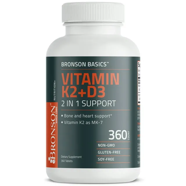 Bronson Vitamin K2 with D3 Supplement Non-GMO Formula 5000 IU Vitamin D3 & 90 mcg Vitamin K2 Mk-7 Easy to Swallow Vitamin D & K Complex