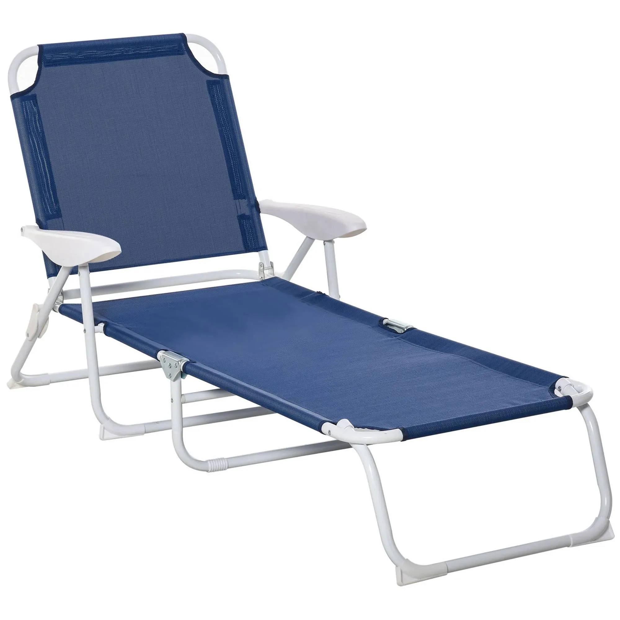 Folding Chaise Lounge, Outdoor Sun Tanning Chair, Four-position Reclining Back, Armrests, Iron Frame In Blue