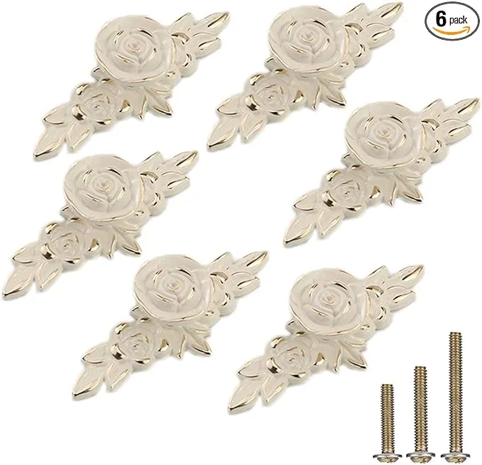 6 Pack European Style Rose Cabinet Knobs with Backplate,102mm Vintage Kitchen Zinc Alloy Flower Drawer Pull Handle for Dresser Vanity Cupboard Wardrobe Ivory White & Gold Edge (6 Pack, 4.0")