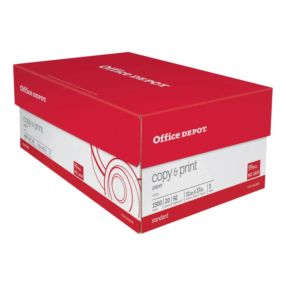 Office Depot® Brand Multi-Use Printer & Copier Paper, Ledger Size (11" x 17"), 2500 Total Sheets, 20 Lb, White, 500 Sheets Per Ream, Case Of 5 Reams