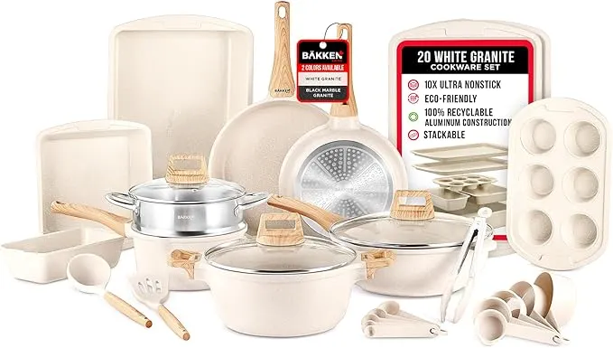 Bakken-Swiss 20-Piece Kitchen Cookware Set – Non-Stick Durable Granite - Cream