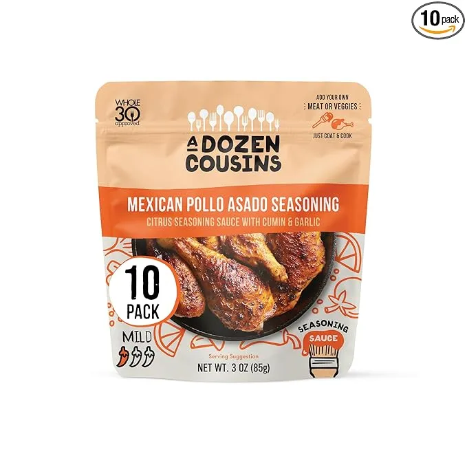 A Dozen Cousins Entrée Seasoning Sauce Marinade - Coat and Cook, for Chicken Seasoning, BBQ, Protein & More - 10 Pack - Mexican Pollo Asado Seasoning Citrus Sauce with Cumin and Garlic (3 oz Each)