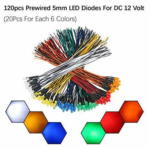 EDGELEC 120pcs 12V LED Lights Emitting Diodes, Pre Wired 7.9 inch DC 12 Volt 5mm ...